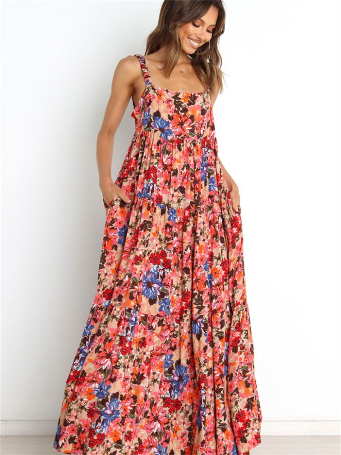 Casual Style Sling Sleeveless Large Swing Printed Dress
