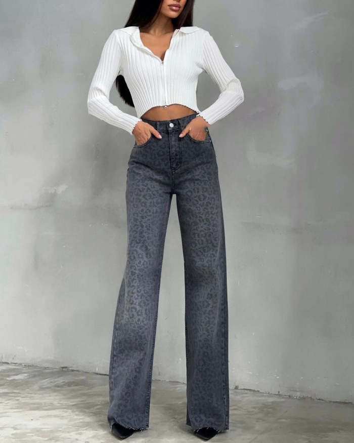 Leopard Print Slim Fit Bootcut Jeans