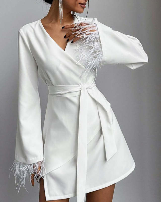 White Lace-up Long Sleeve Feather Dress