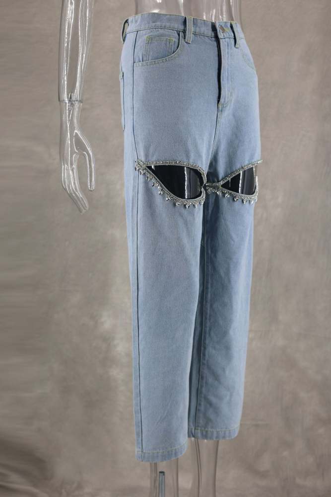 Blue Distressed Rhinestone Embellishments Jeans