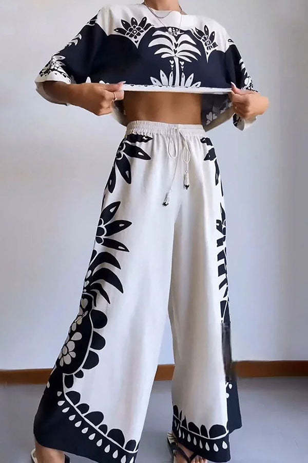 Black & Tan Tropical Sleeveless Top & Wide Pants Set