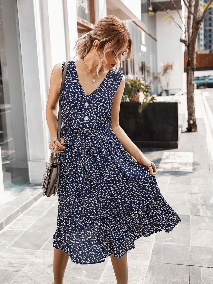 Women's Summer Small Crushed Flower V-Neck Dress