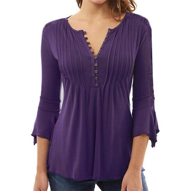Women Elegant Ruffles Tops Plus Size Flare Sleeve Solid Casual Loose Shirt Blouse