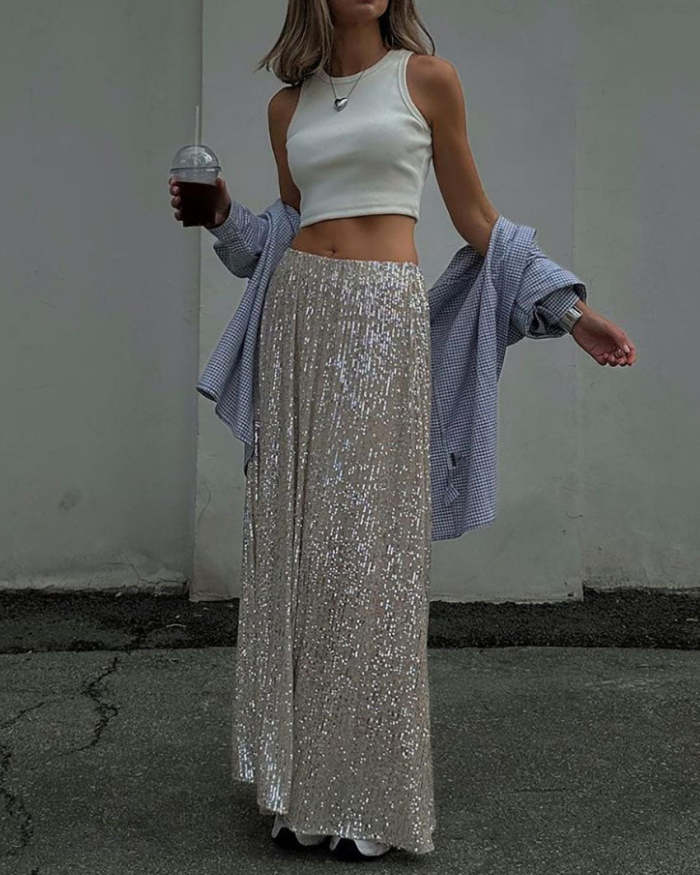 Mesh lined draped sequin skirt