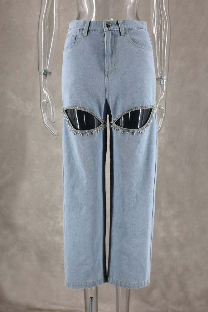 Blue Distressed Rhinestone Embellishments Jeans