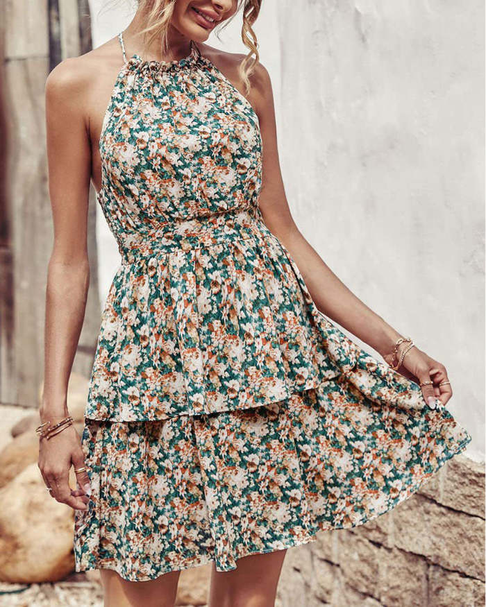 Sexy Vacation Floral Print Backless Halter Sleeveless Dresses(3 Colors) main image 1