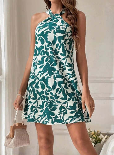 Leaf Print Sleeveless Ruffle Hem Overall Dress