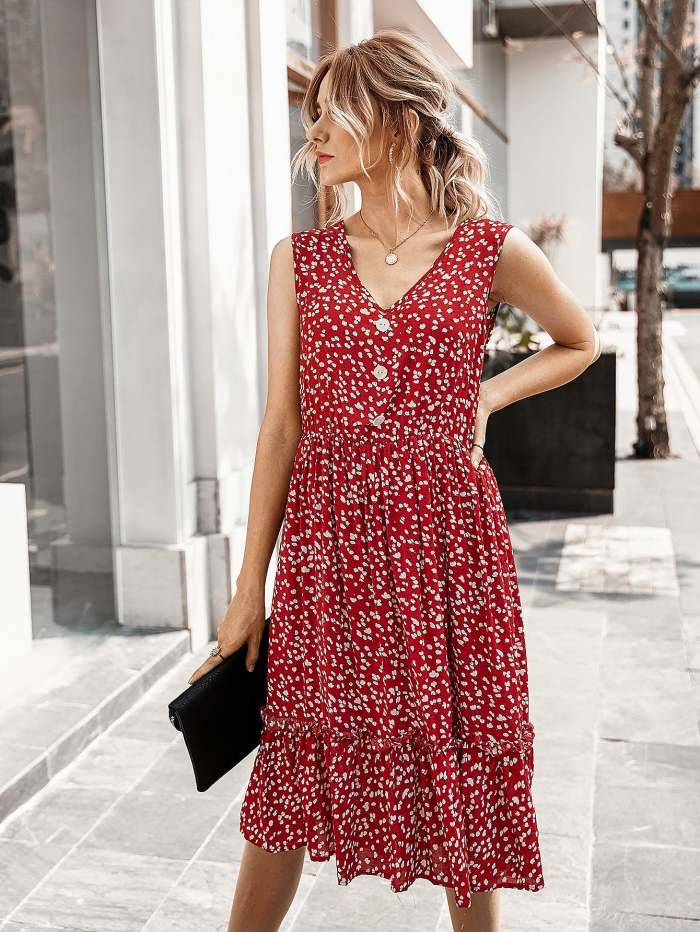 Women's Summer Small Crushed Flower V-Neck Dress