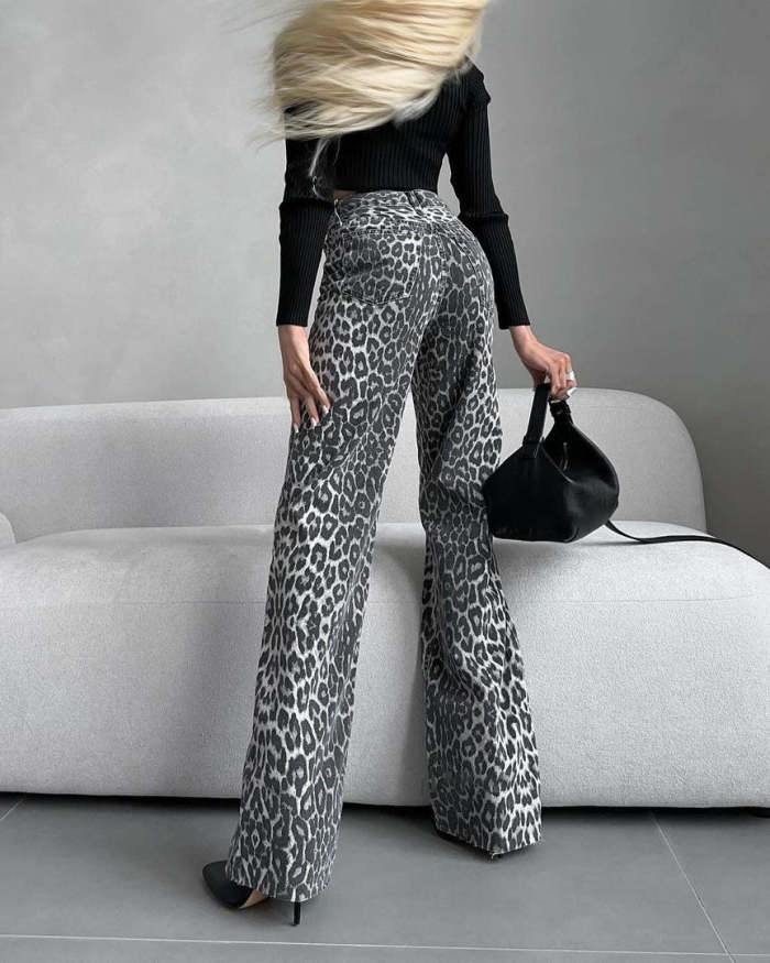 Leopard Print Slim Fit Bootcut Jeans