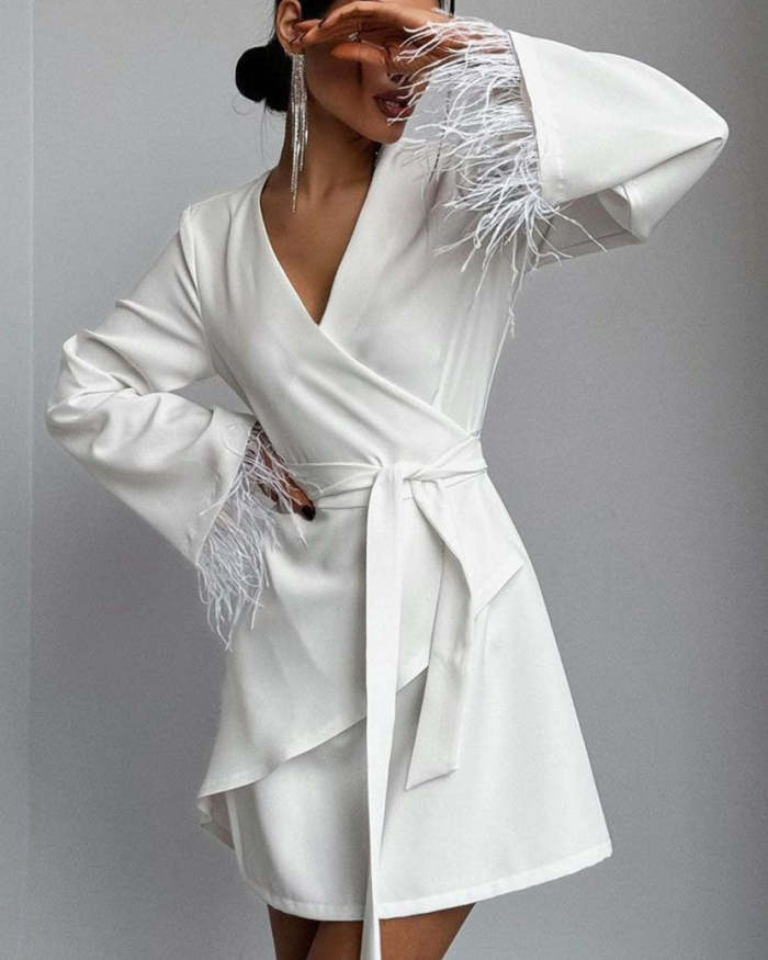 White Lace-up Long Sleeve Feather Dress
