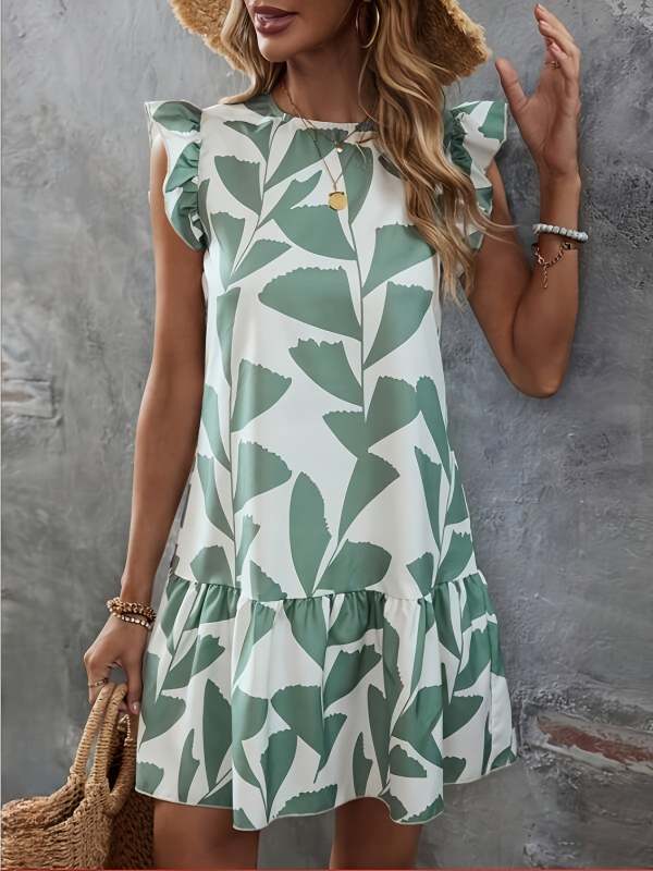 Floral Ruffle Sleeves Round Neck Loose Fit Dress