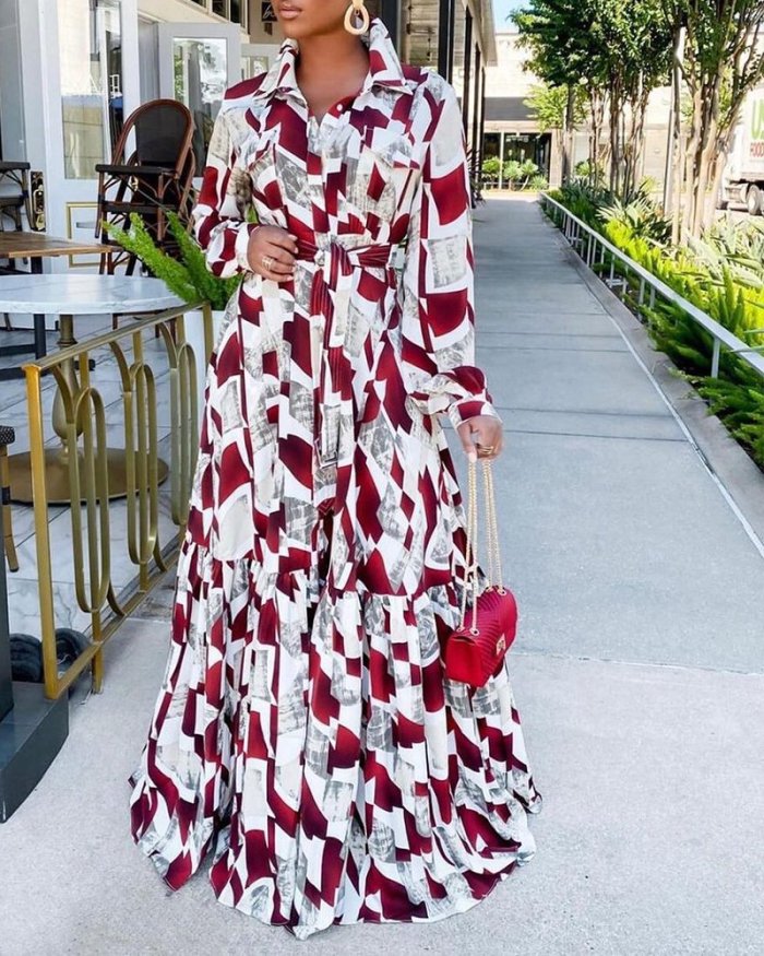 High Waist Romantic Red Shirt Long Skirt Chiffon Printing Large Swing Long Skirt