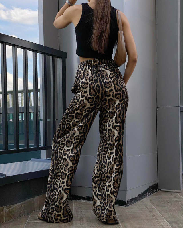 Vintage Leopard Elastic Waist Wide Leg Pants