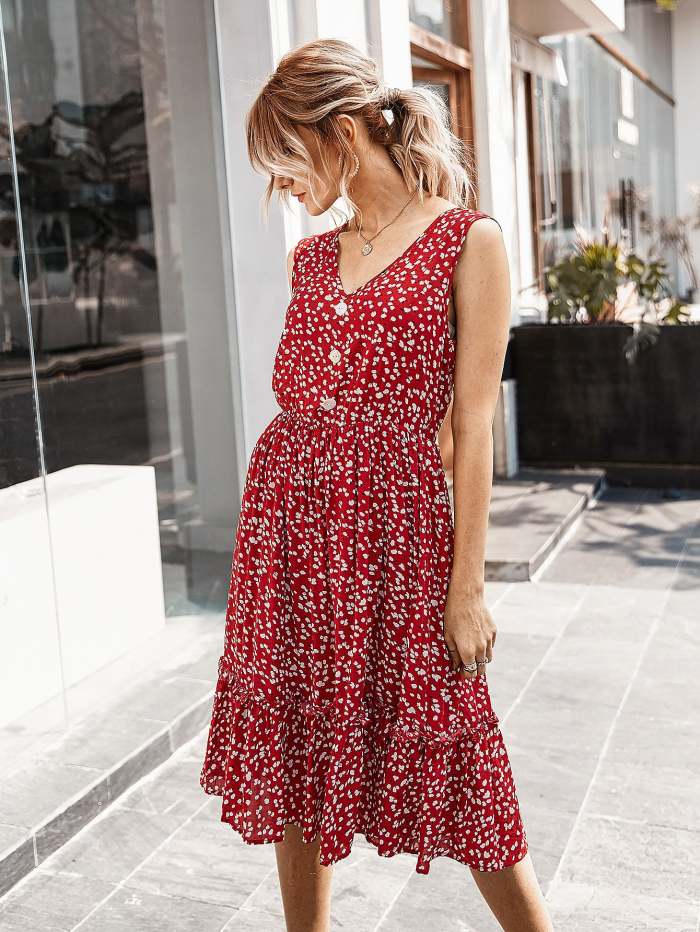 Women's Summer Small Crushed Flower V-Neck Dress