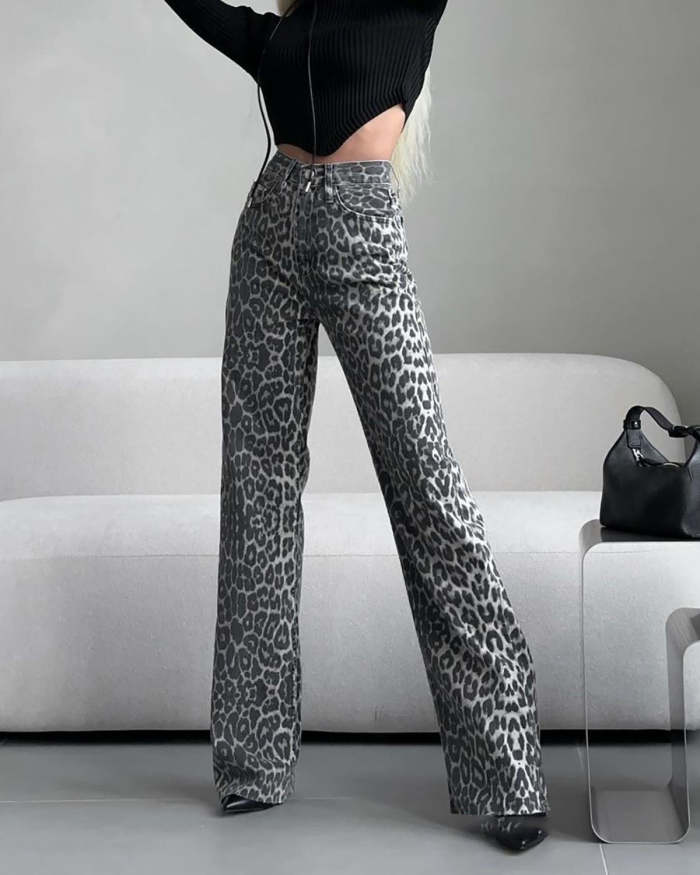 Leopard Print Slim Fit Bootcut Jeans