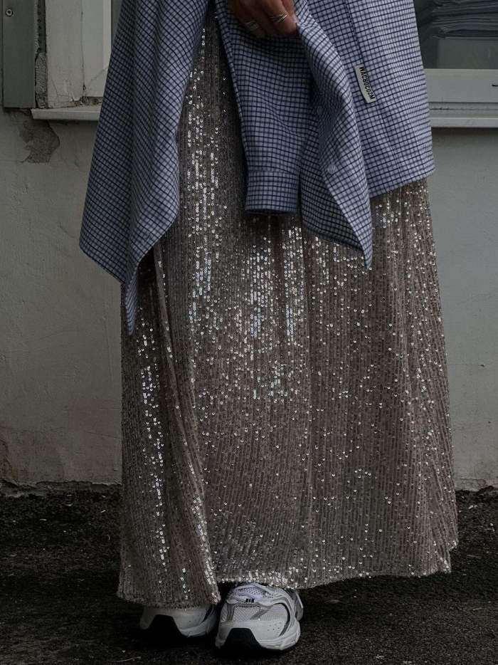 Mesh lined draped sequin skirt