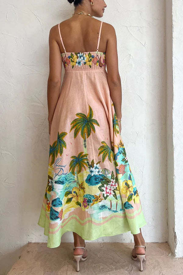 Tropical landscape print suspender dress