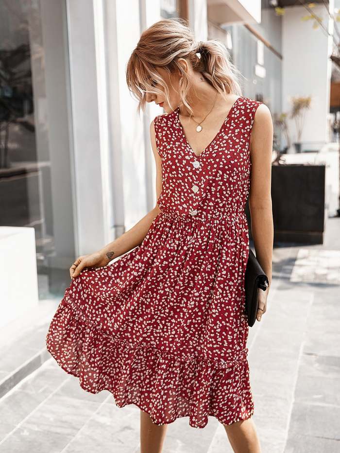 Women's Summer Small Crushed Flower V-Neck Dress