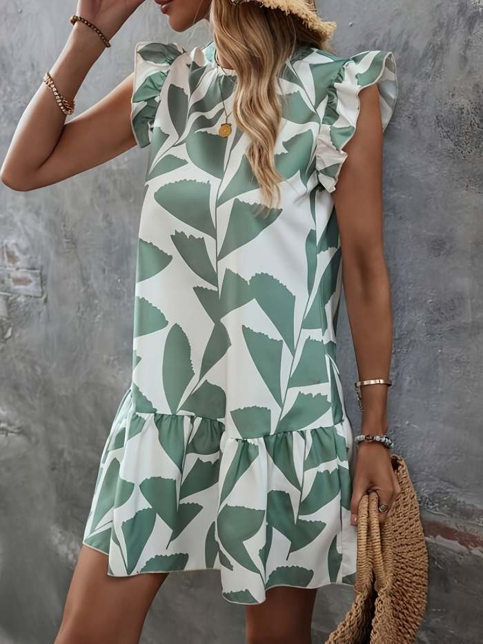 Floral Ruffle Sleeves Round Neck Loose Fit Dress