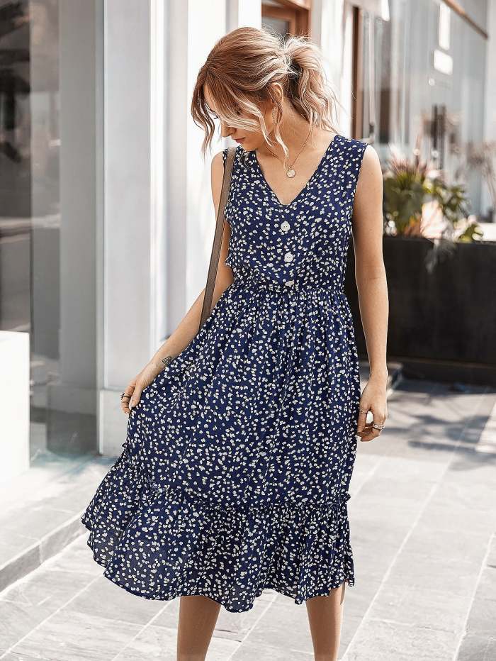 Women's Summer Small Crushed Flower V-Neck Dress