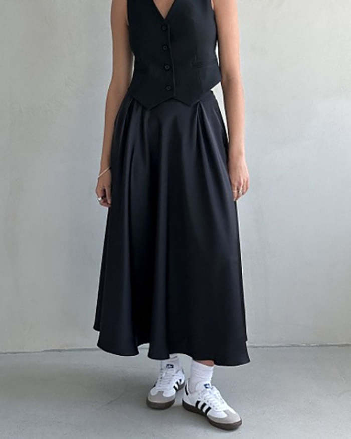 Solid Color High-Waisted Satin Midi Skirt