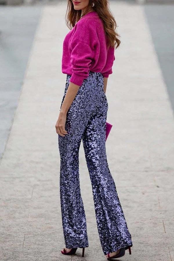 Party Sequined Elastic Waist Slim Fit Flared Pants