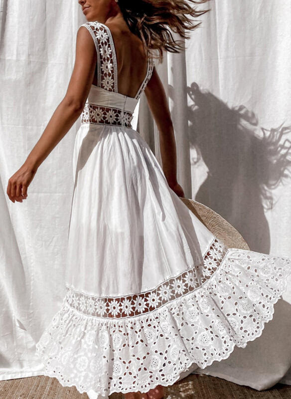 Fashion Lace Sleeveless Teaching Long Skirt Dress White Dresses