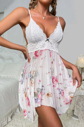 Mesh Lace Spliced Halter Floral Print Dress