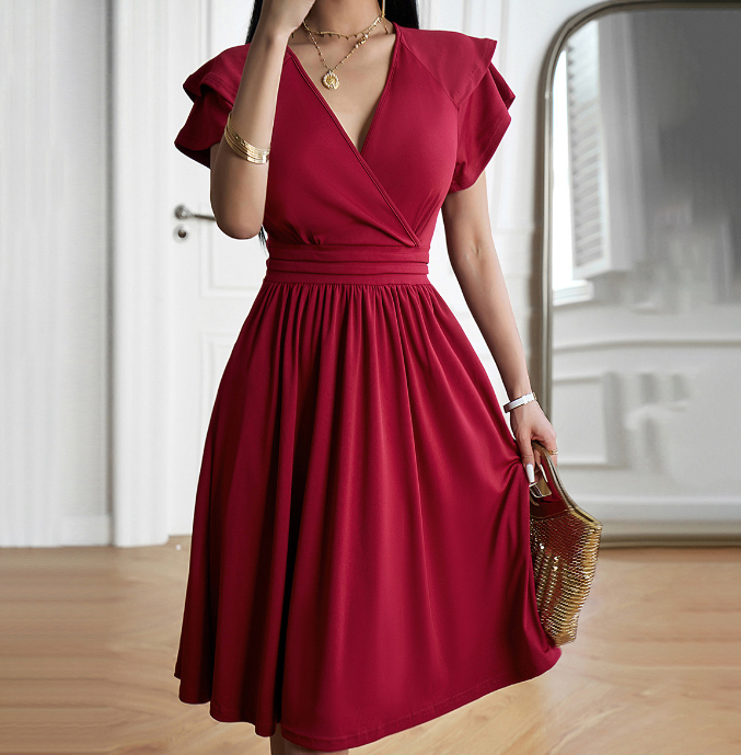 V  Neck Short Sleeve Midi Dress