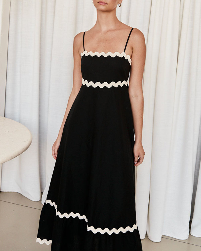 Contrast color wavy edge suspender dress