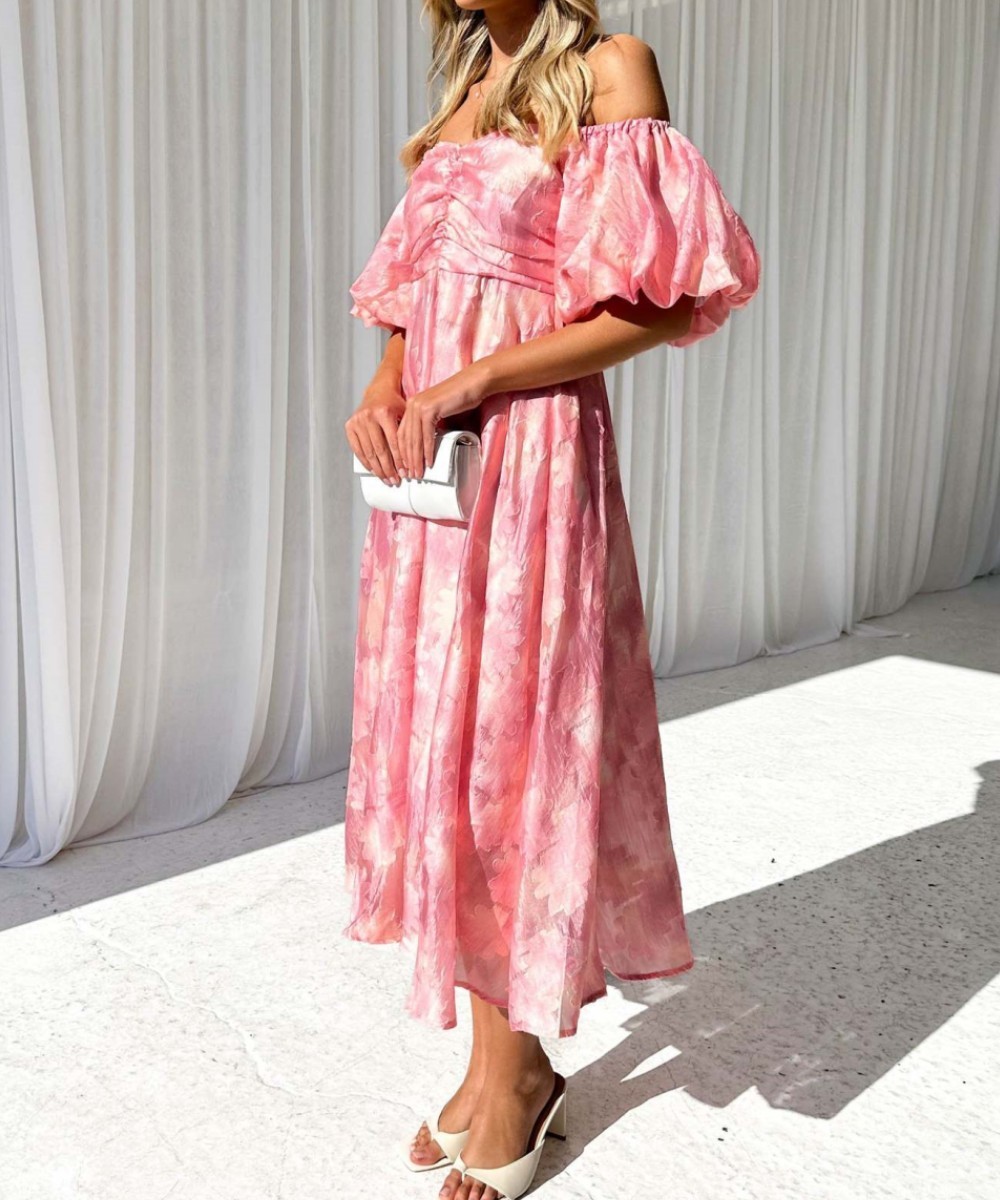 Vivo Ayla Bubble Sleeve Maxi Dress - Blush Pink/ Black Lala Print main image 1