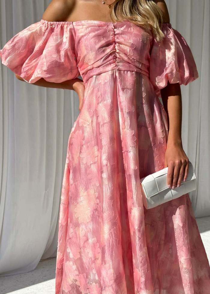 Elegant Floral Bubble Sleeves Maxi Dress