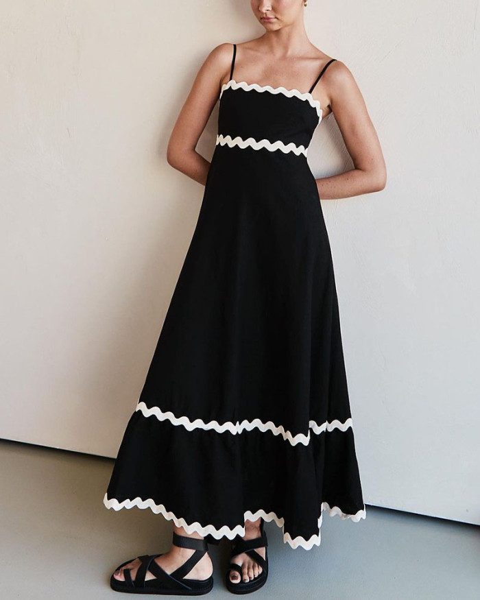 Contrast color wavy edge suspender dress