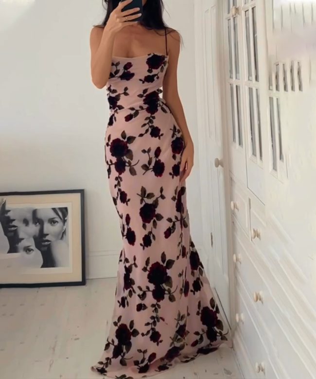 Rosa Rugosa Printing Slip Backless Dress