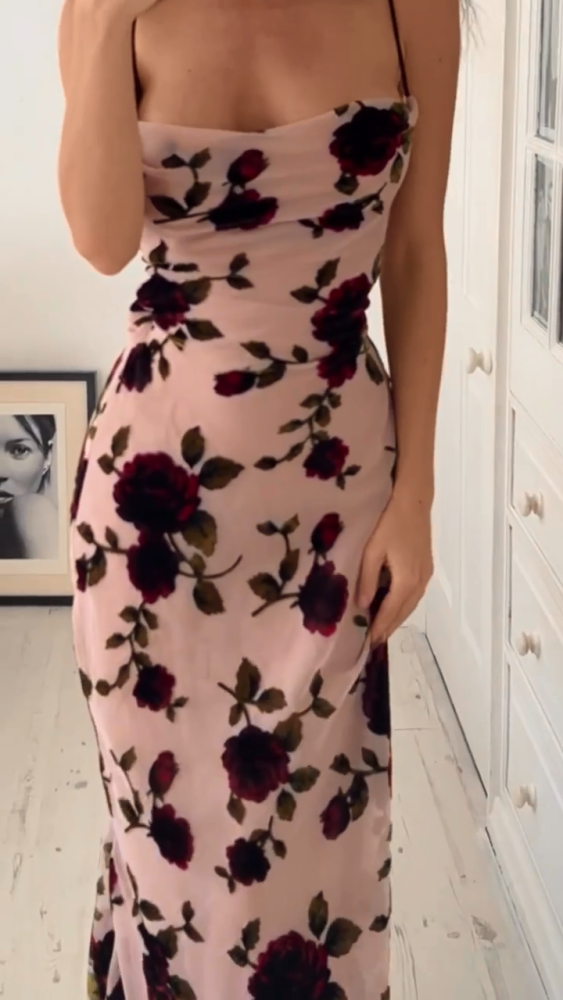 Rosa Rugosa Printing Slip Backless Dress