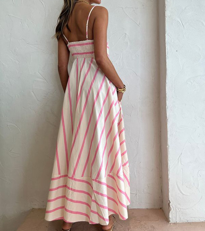 Summer Pink Stripe Patch Work Slip Dress