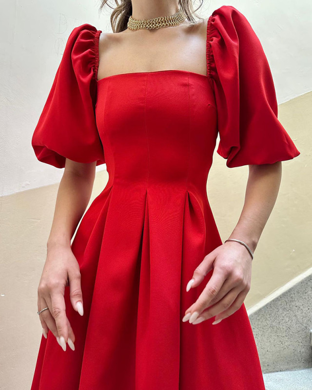 Red Square Neck Puff Sleeve Dress