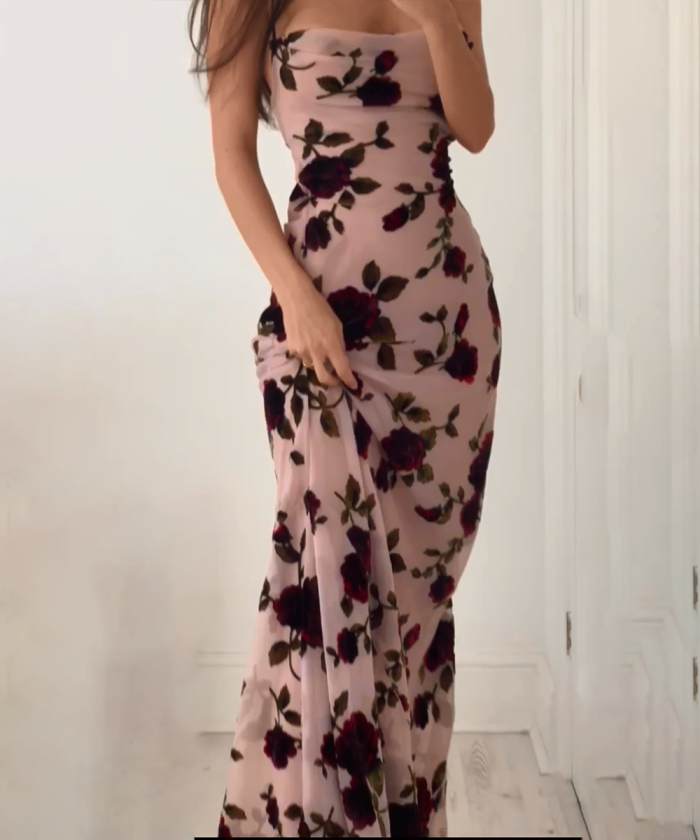 Rosa Rugosa Printing Slip Backless Dress