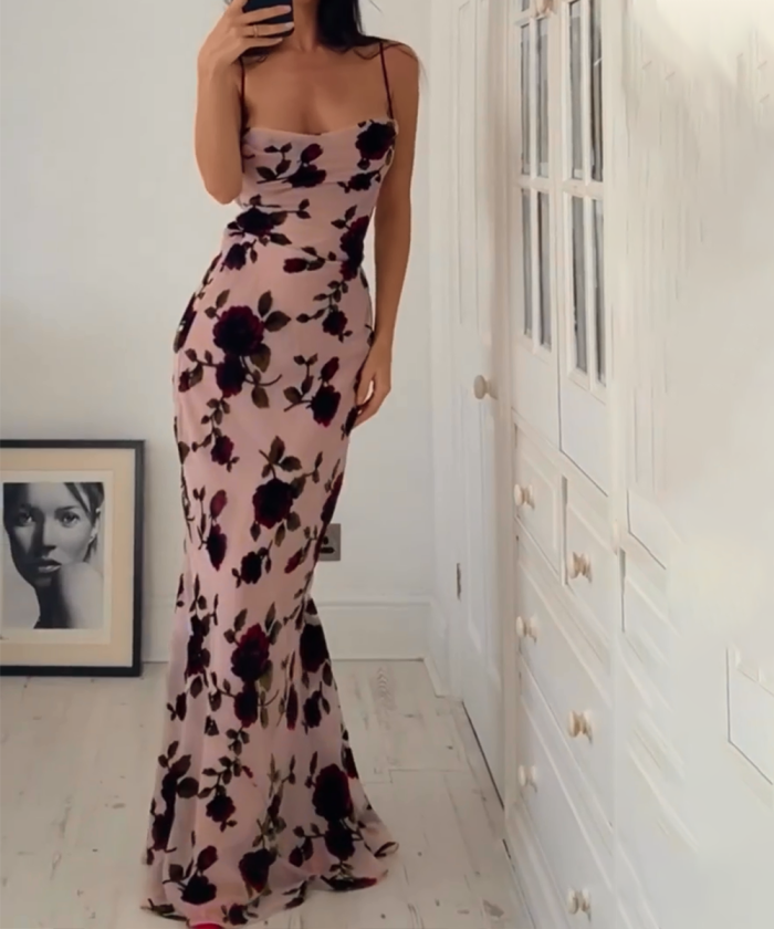 Rosa Rugosa Printing Slip Backless Dress