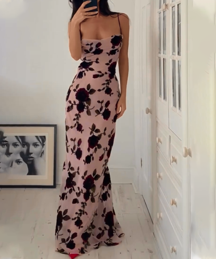 Rosa Rugosa Printing Slip Backless Dress