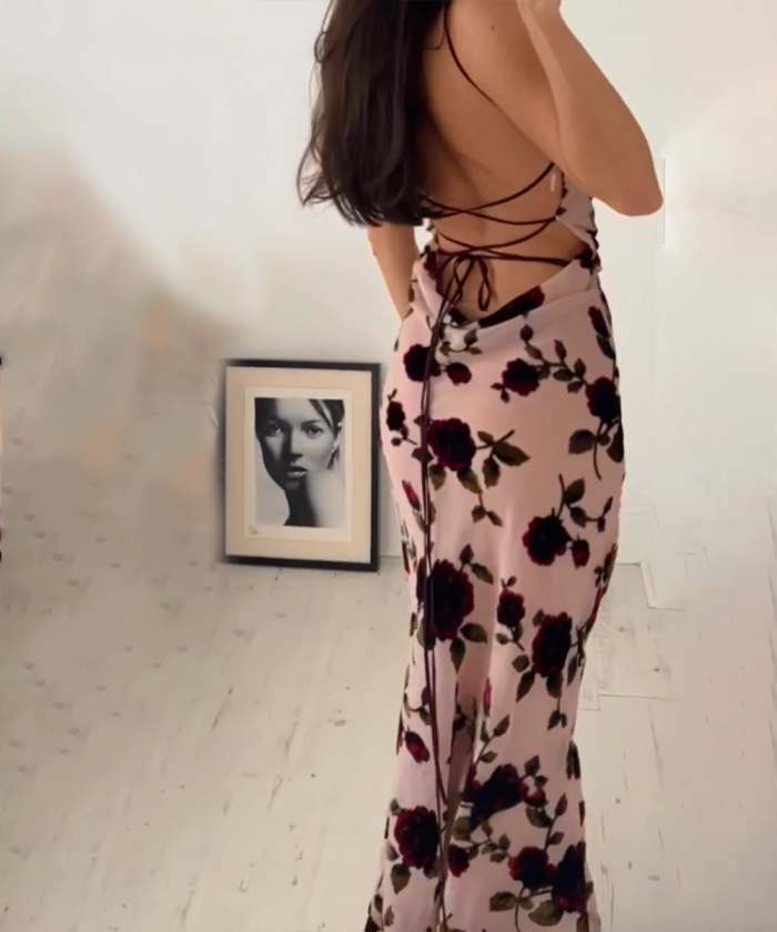 Rosa Rugosa Printing Slip Backless Dress