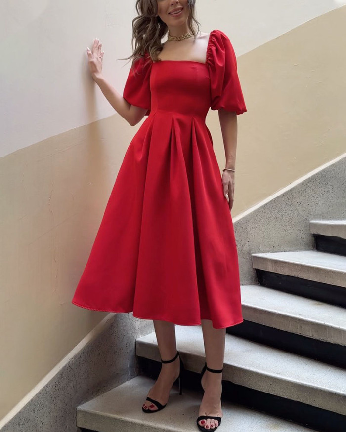 Red Square Neck Puff Sleeve Dress
