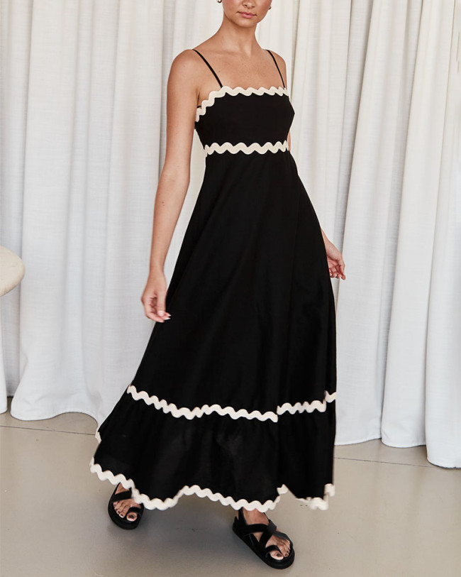 Contrast color wavy edge suspender dress