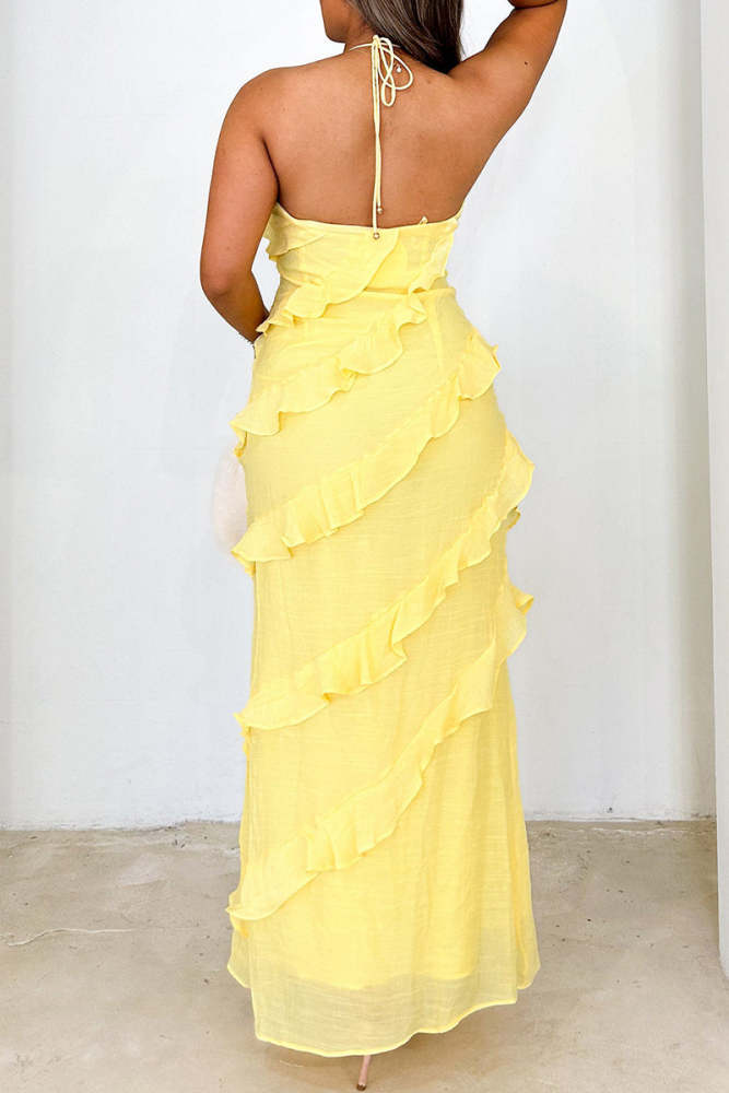 CUPSHE महिलाओं की रफ़ल फ्लोरल मैक्सी ड्रेस - ऑफ शोल्डर, बैकलेस, स्लिट हेम, पीला (एक्स्ट्रा स्मॉल)