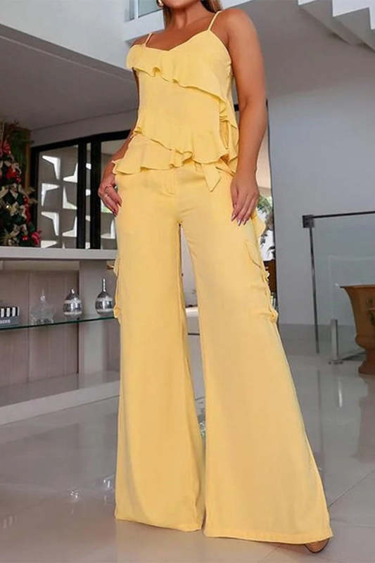 Casual Sweet Solid Flounce Slit V Neck Sleeveless Two Pieces