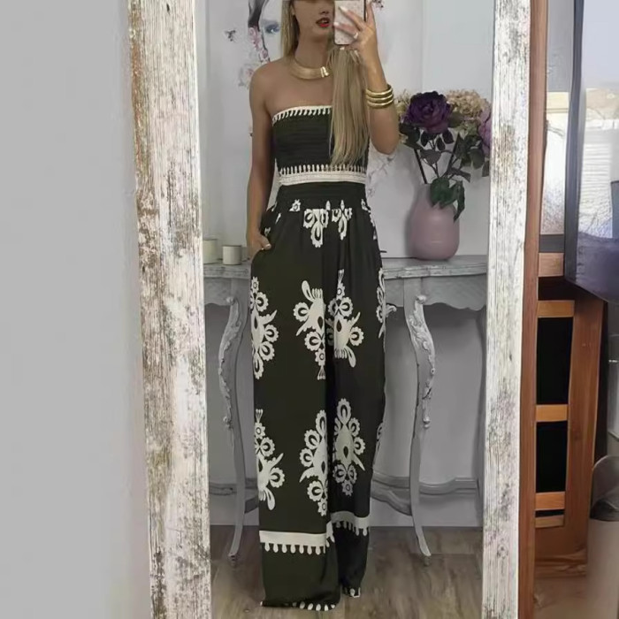 Sexy Floral Bandage Backless Halter Loose Jumpsuits