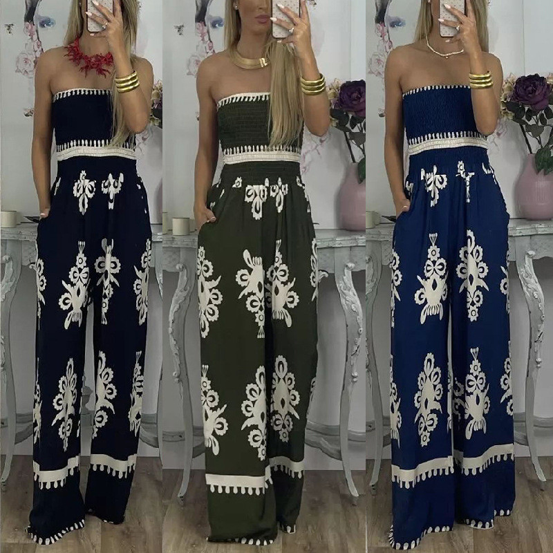 Sexy Floral Bandage Backless Halter Loose Jumpsuits