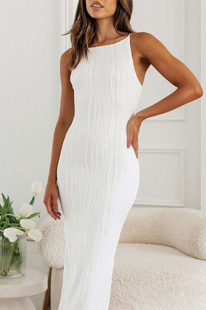 Sexy Solid Backless Texture Halter One Step Skirt Dresses