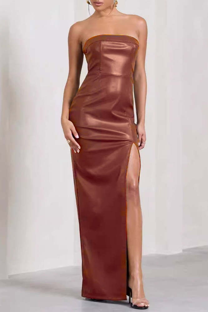 Sexy Solid Backless Slit V Neck Wrapped Skirt Dresses main image 0