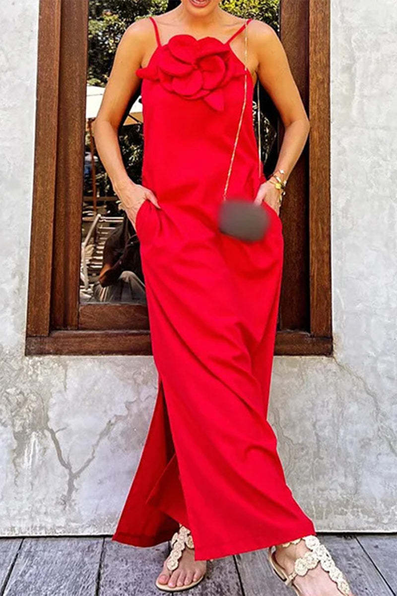 Casual Street Floral Print Embroidered Slit O Neck A Line Dresses